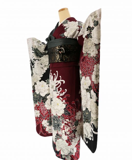 参列振袖[片身替わり]エンジ×黒に白黒赤の牡丹、乱菊[身長160cmまで]No.1100